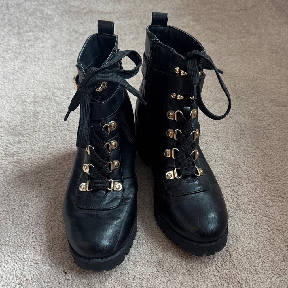 Black Lace-Up Combat Ankle Boots with Gold Hardware - Women's